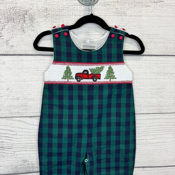 Lil Cactus Baby Boy Christmas Green Blue Plaid Romper Outfit Size 12/18M - Picture 2 of 6
